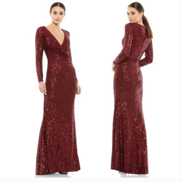 MAC DUGGAL 26574 SEQUINED FAUX WRAP LONG SLEEVE WINE COLUMN GOWN sz 4 - Picture 1 of 5